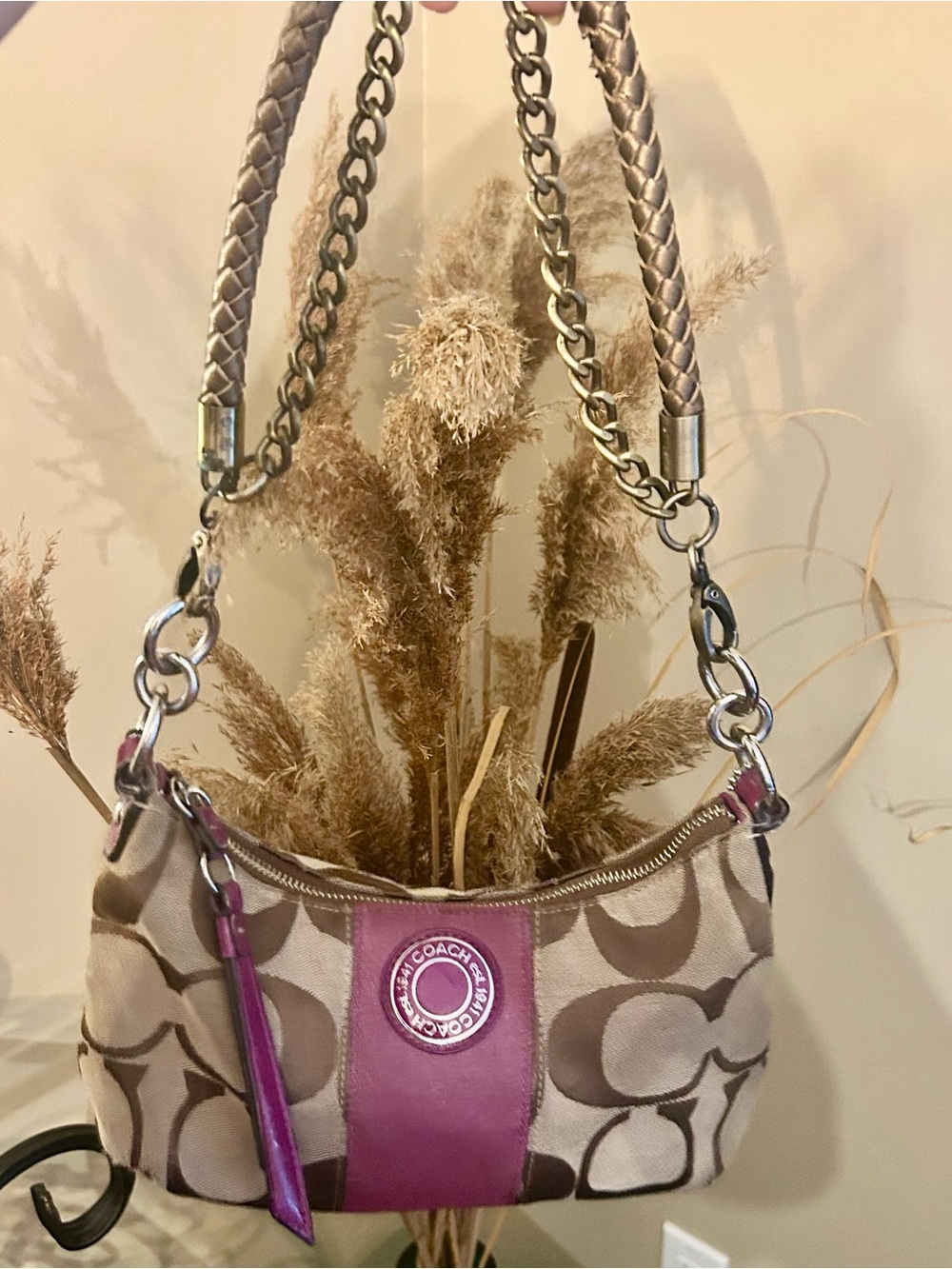 Coach Vintage Signature Canvas Shoulder Bag with Magenta Accents - Picture 7 of 16